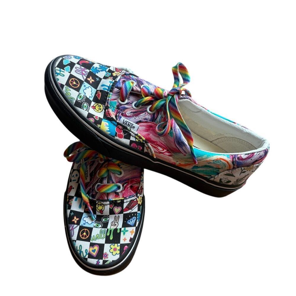 Rare Custom rainbow floral checkerboard Y2K Women's Van sneakers size 7.5